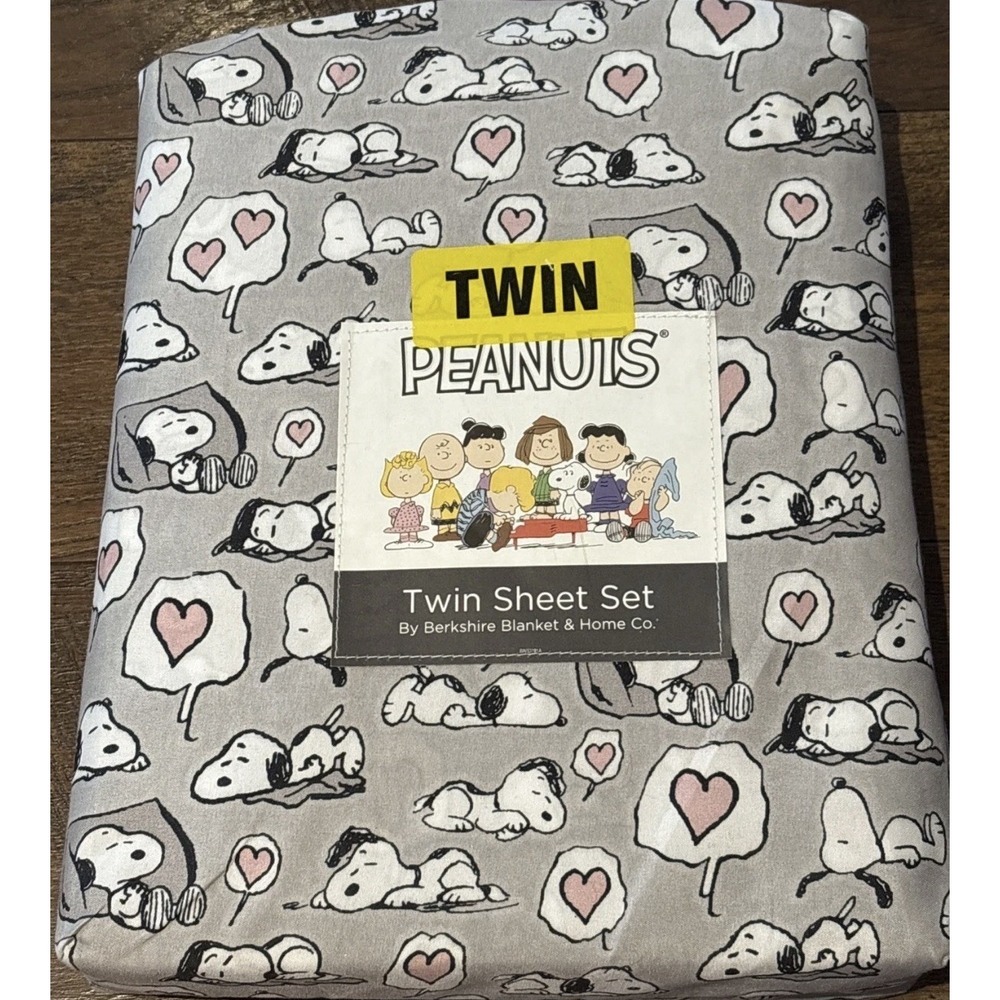 Berkshire Peanuts Valentines Day Gray White Twin Sheet Set Pink Hearts New